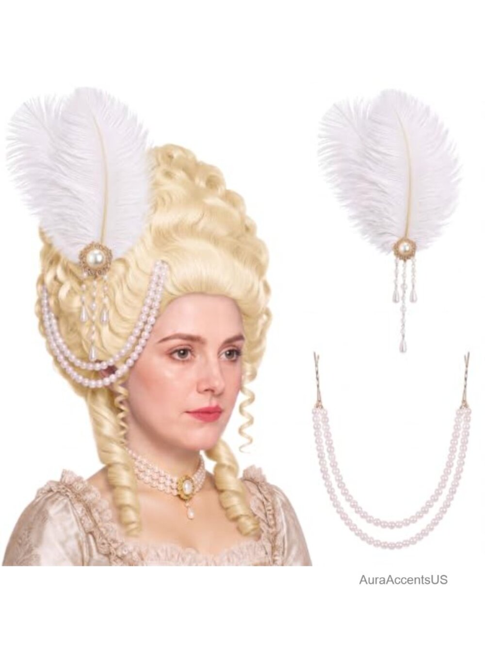 Victorian Feather Pearl Hair Clip Set Ostrich Feather Barrette Cosplay